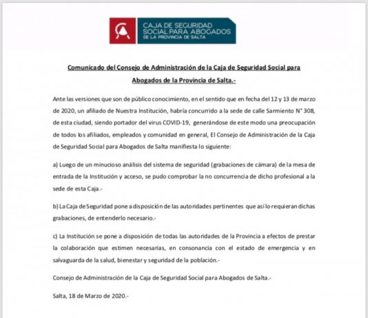 Comunicado del Consejo de Administración Social de la Caja de Seguridad Social para Abogados de Salta